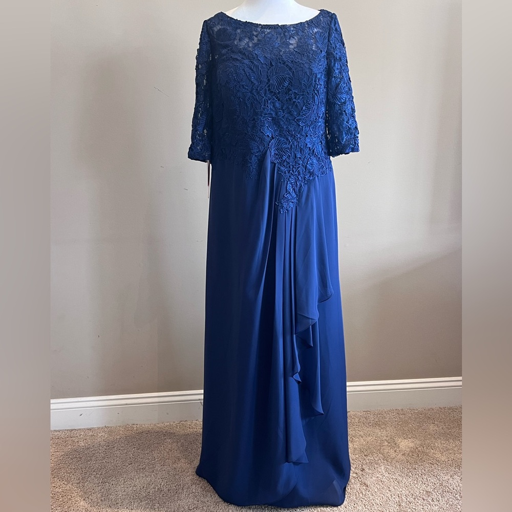 JJs House Dark Navy 1/2 Sleeve Lace and Chiffon Evening Dress Size 12